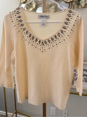 Judith Hart Cream Beaded V-Neck Women’s Blouse